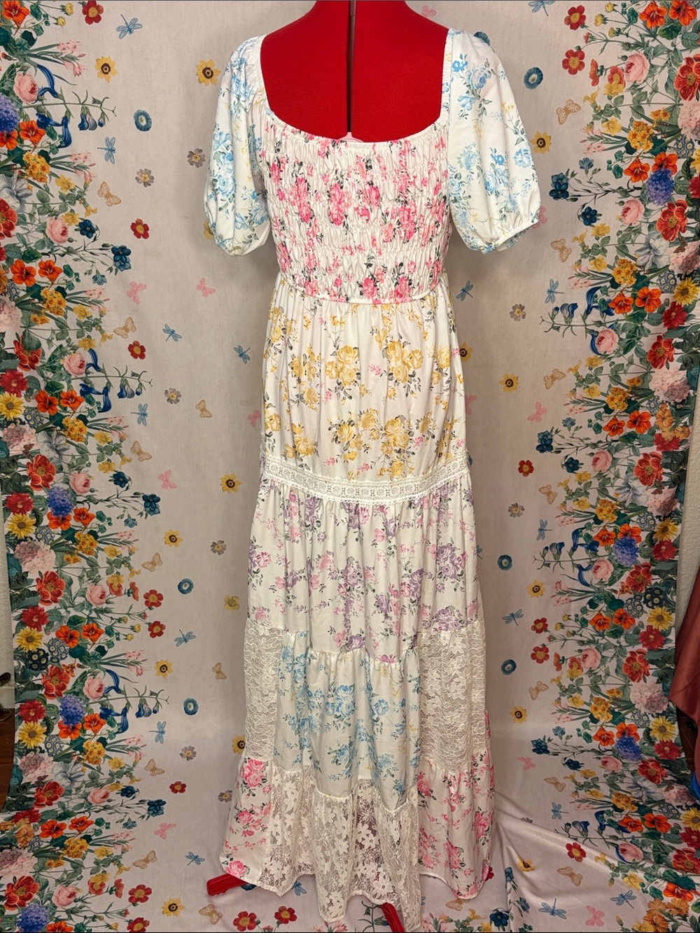 Bohemian Tiered Floral Pastel Maxi Dress in Multi-Color w/ Lace - Picture 4 of 11